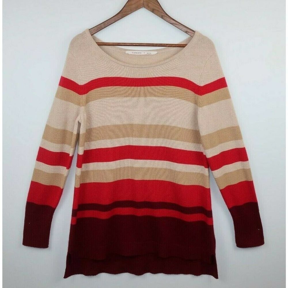ATHLETA 100% Cashmere Lodge Sweater Hi Lo Red Cream Burgundy Stripe Holiday XL